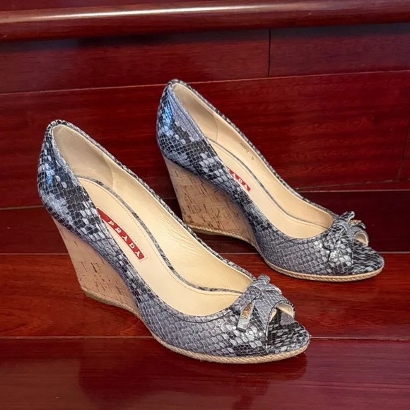 Prada Women's Black Snakeskin Peep-Toe Heels - Picture 2 of 4